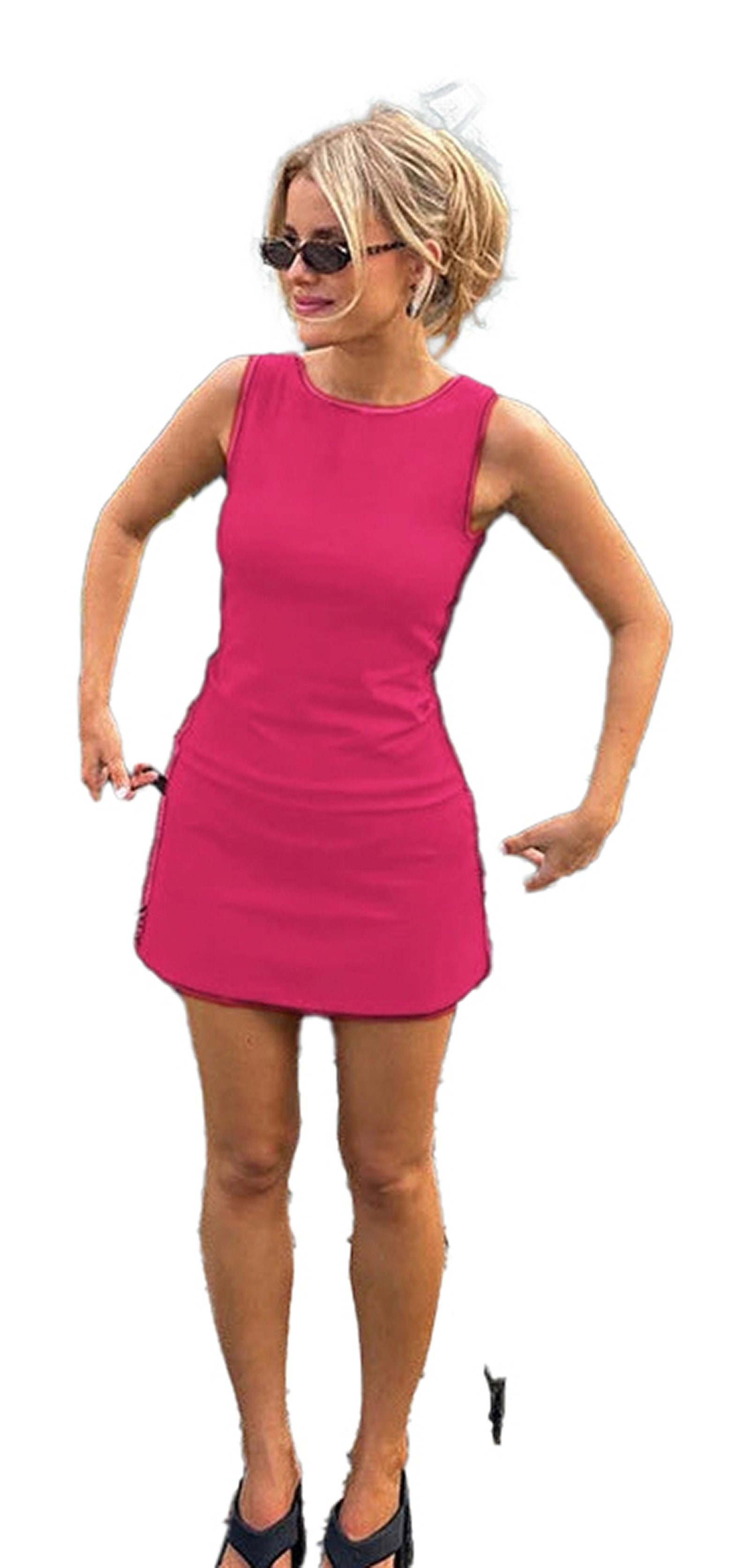 Bright pink women's sleeveless knit dress perfect for summer outings and casual events