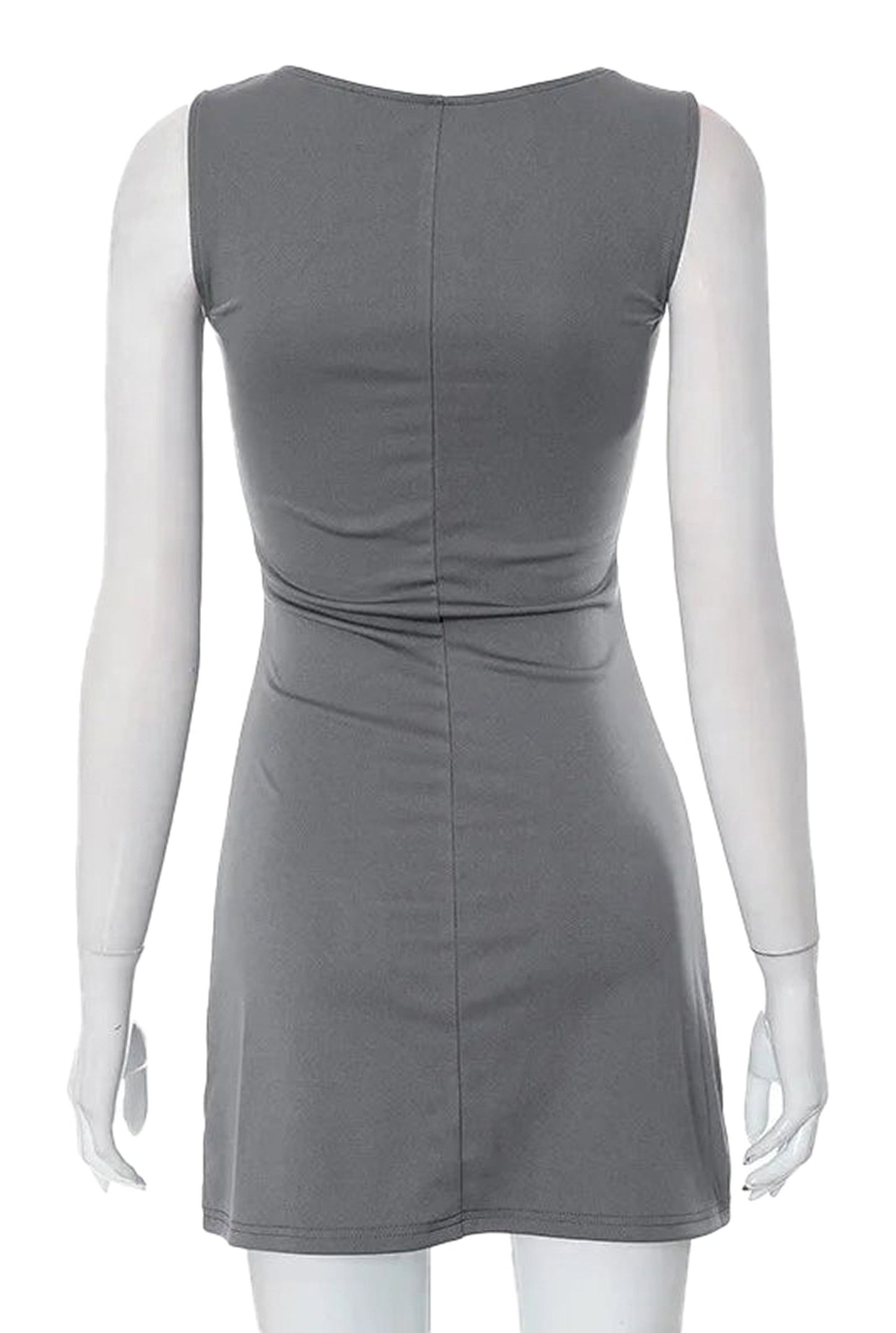 Back view of a gray women's sleeveless knit dress showcasing the fitted design and comfortable fabric