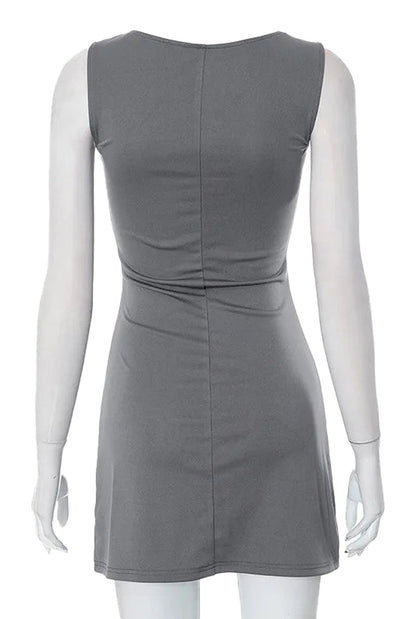 Back view of a gray women's sleeveless knit dress showcasing the fitted design and comfortable fabric