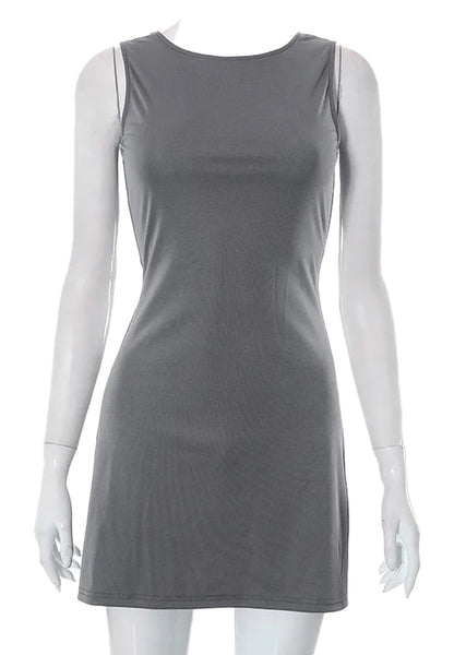 Gray women's sleeveless knit dress with a fitted silhouette for a stylish look