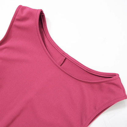 Close-up of a pink women's sleeveless knit dress with a round neckline for casual wear