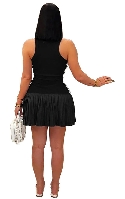 Women's sleeveless mini dress in black with pleated skirt detail and elegant back design