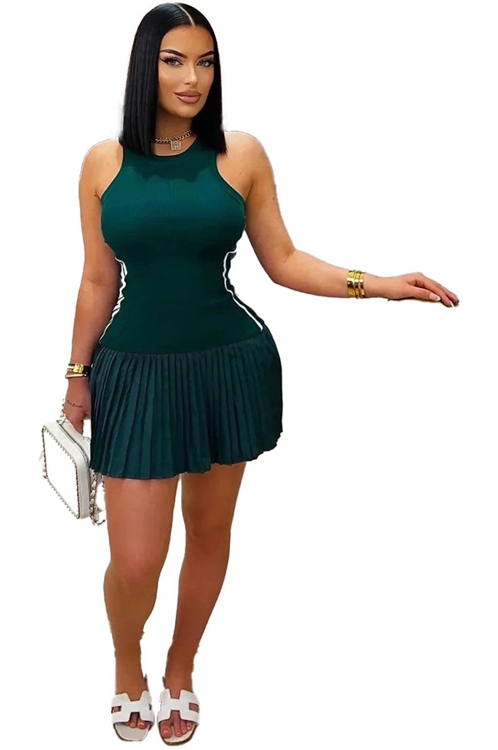 Women's sleeveless mini dress in green with pleated skirt for a stylish summer look