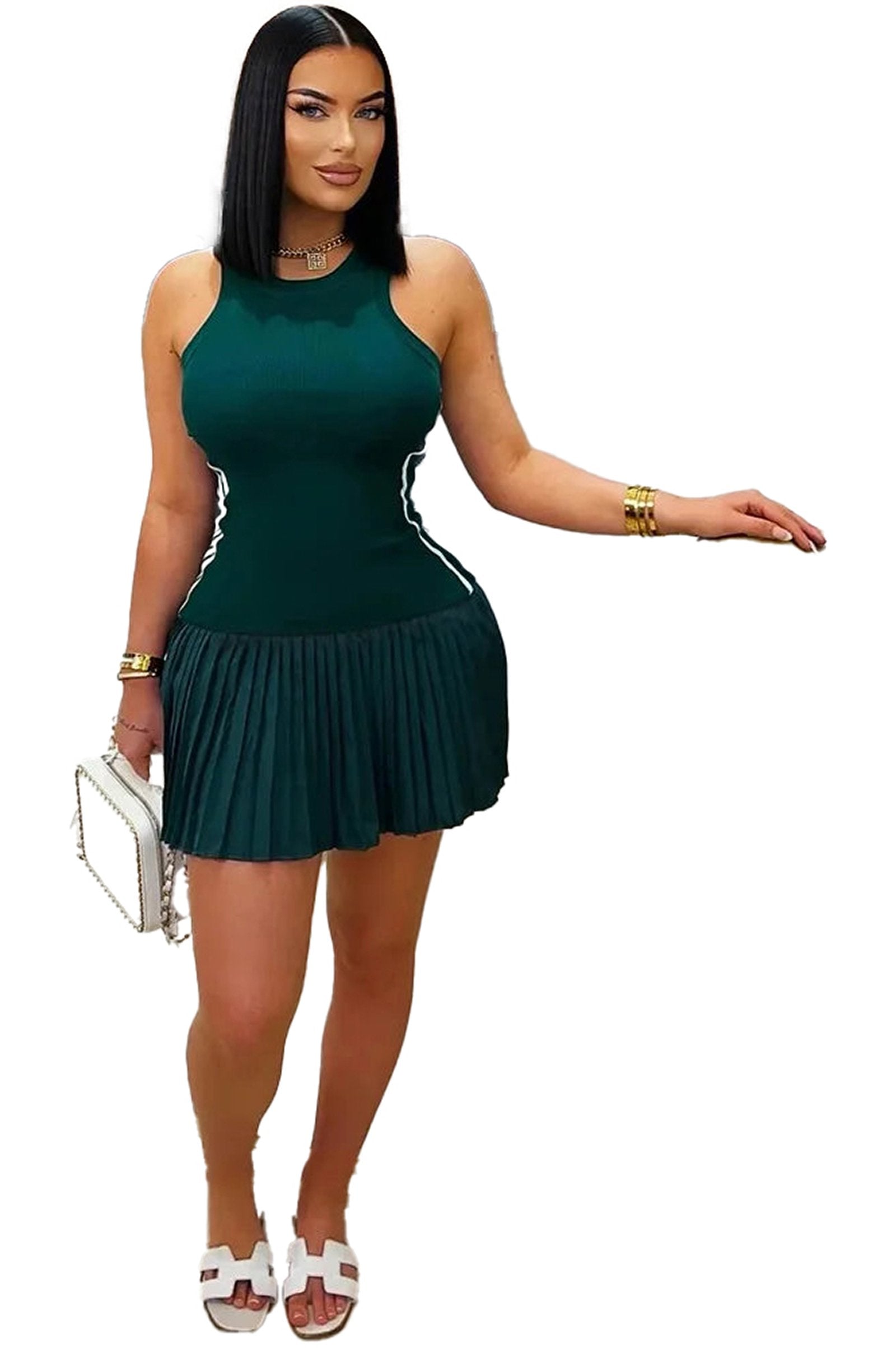 Women's sleeveless mini dress in green with pleated skirt for a stylish summer look