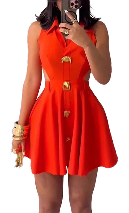 Bright red women's sleeveless mini dress with cutouts and gold button detailing for stylish summer wear