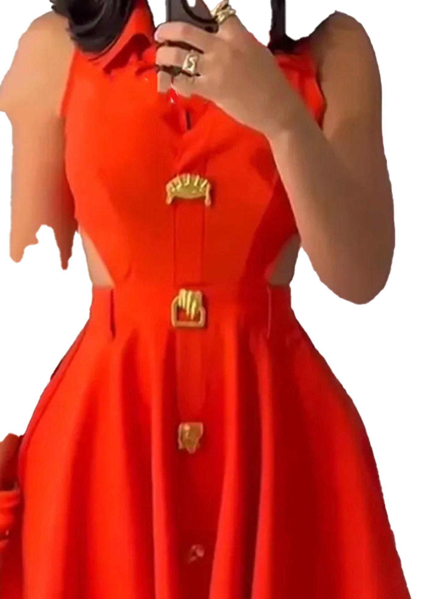 Women's sleeveless mini dress in vibrant red with stylish cutouts and gold accents