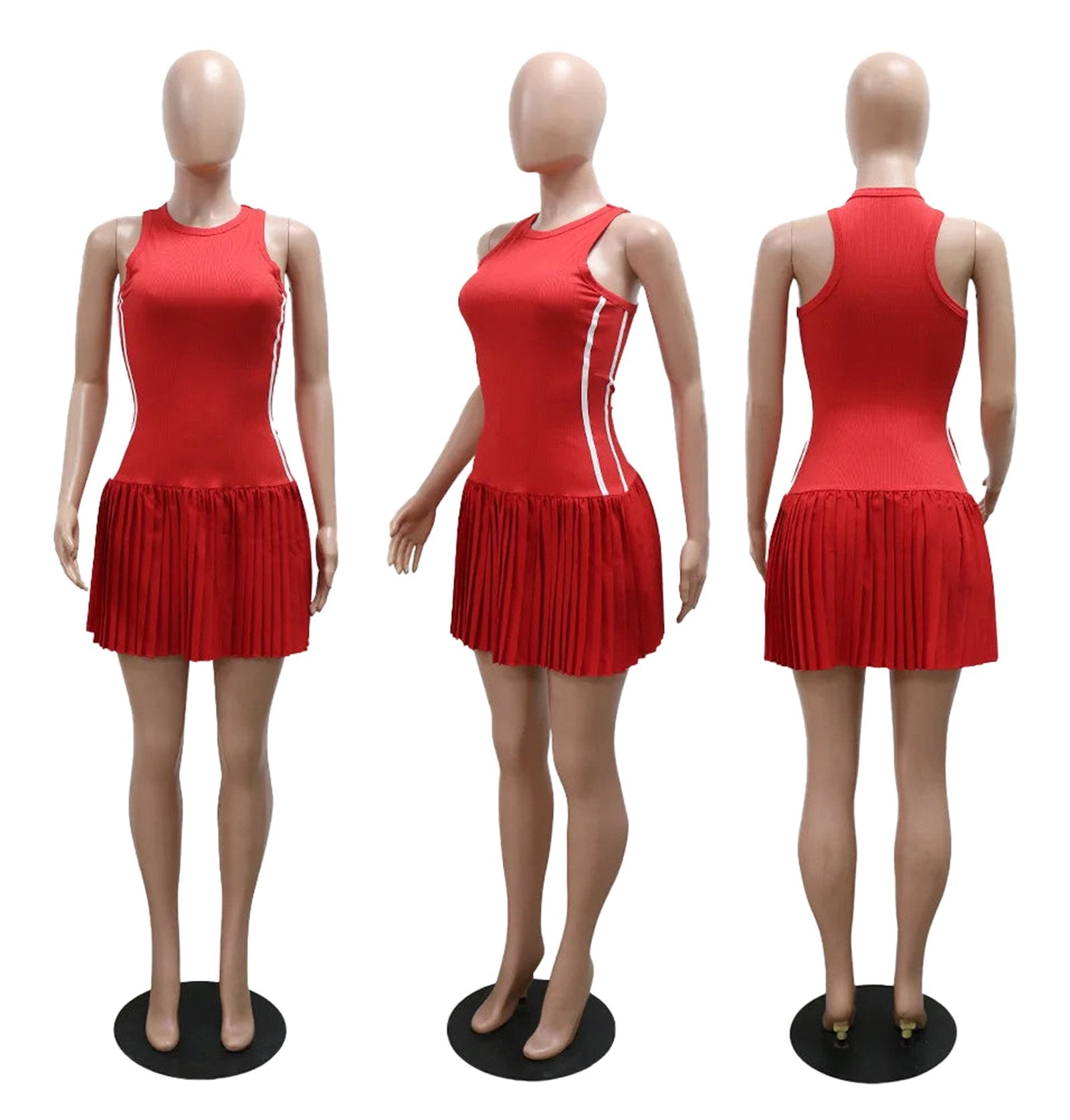 Red women's sleeveless mini dress with pleated skirt, showcasing a stylish and sporty design