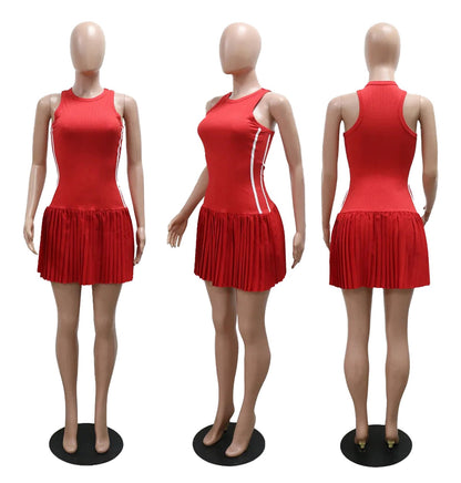 Red women's sleeveless mini dress with pleated skirt, showcasing a stylish and sporty design