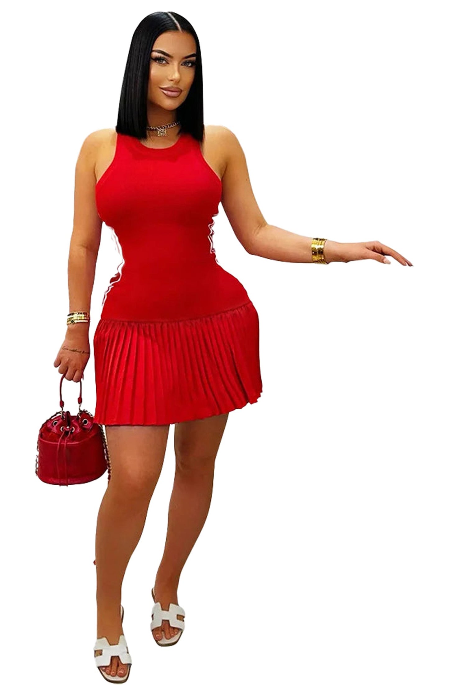 Model wearing a stylish red women's sleeveless mini dress with pleated design and a handbag
