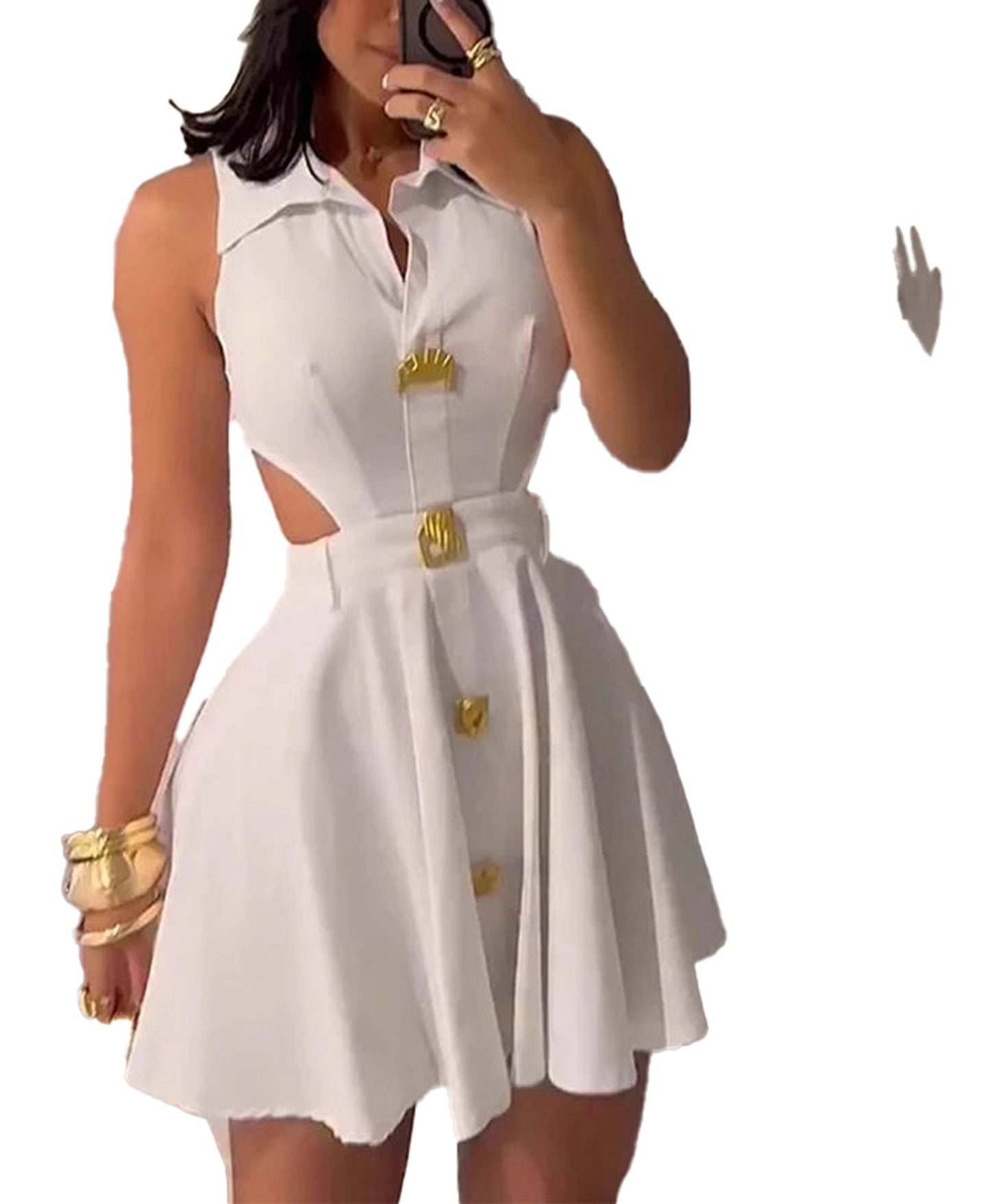 LuckeLadybug women's sleeveless mini dress in white with button details and stylish design