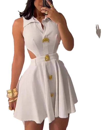 LuckeLadybug women's sleeveless mini dress in white with button details and stylish design