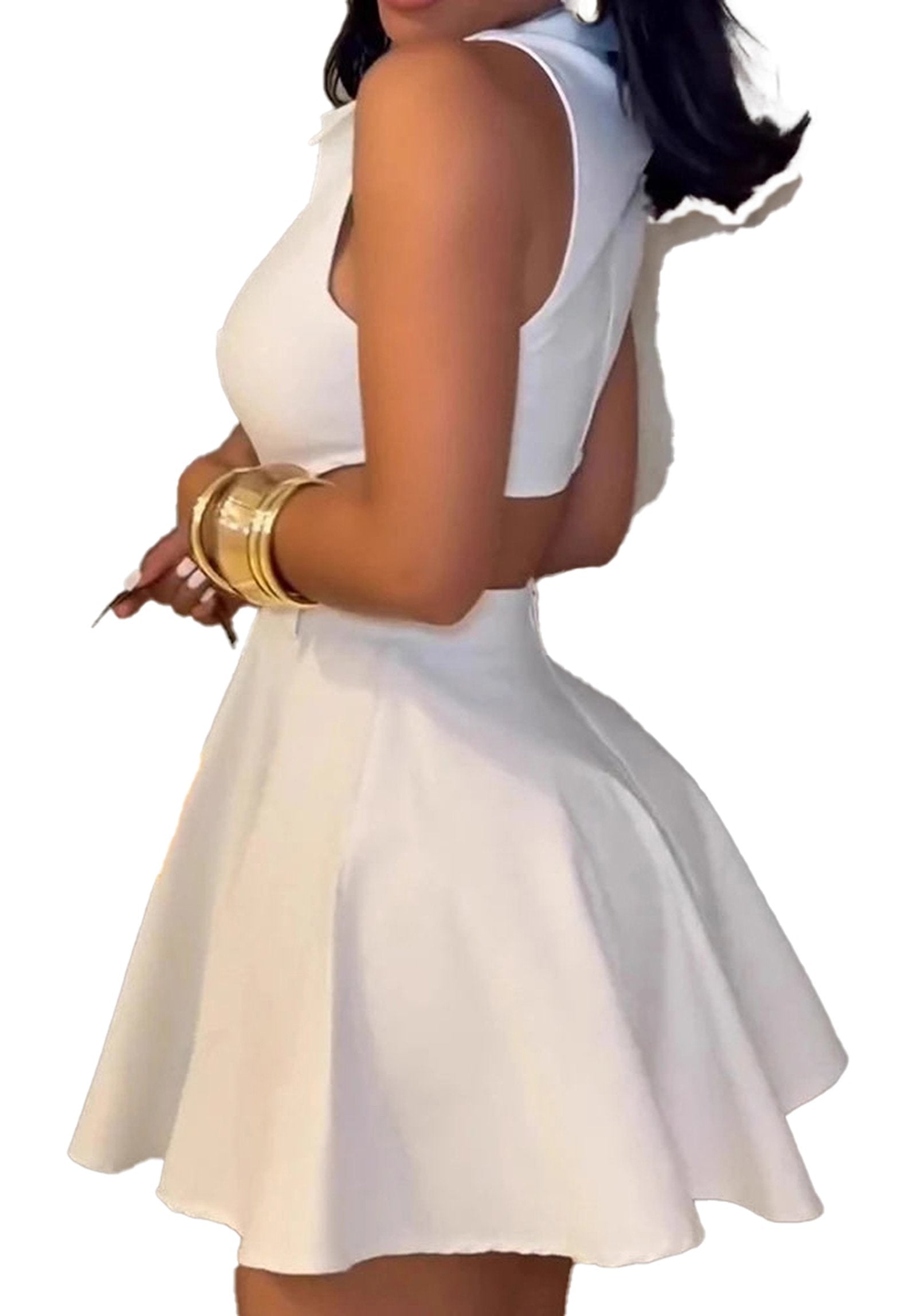 Stylish women's sleeveless mini dress in white with a flared skirt and back cutout design