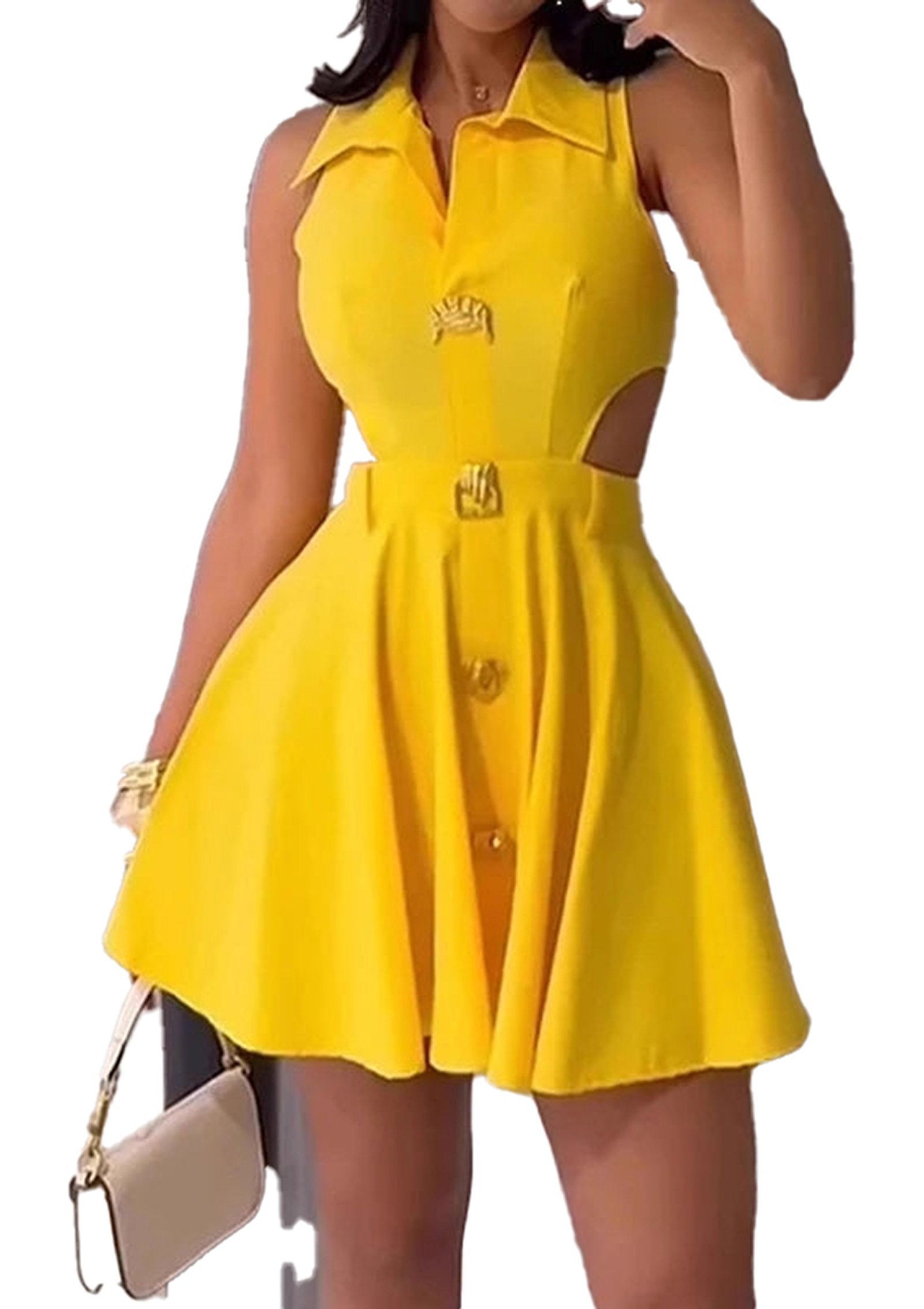 Bright yellow women's sleeveless mini dress with a fitted bodice and flared skirt for summer outings