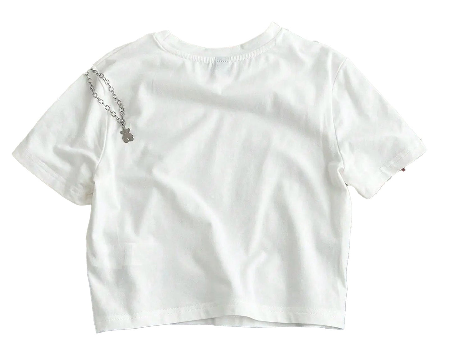 LuckeLadybug LLC women's slim fit crop top in white with unique chain detail on the shoulder