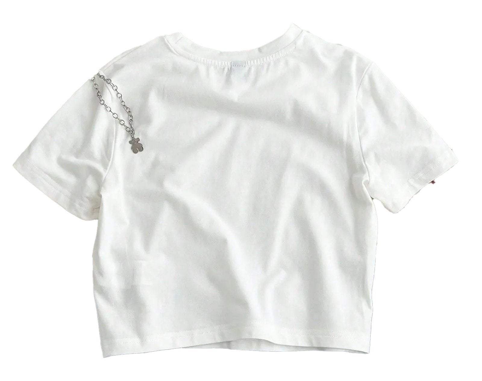LuckeLadybug LLC women's slim fit crop top in white with unique chain detail on the shoulder