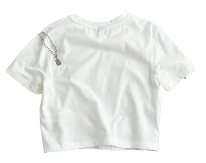 LuckeLadybug LLC women's slim fit crop top in white with unique chain detail on the shoulder