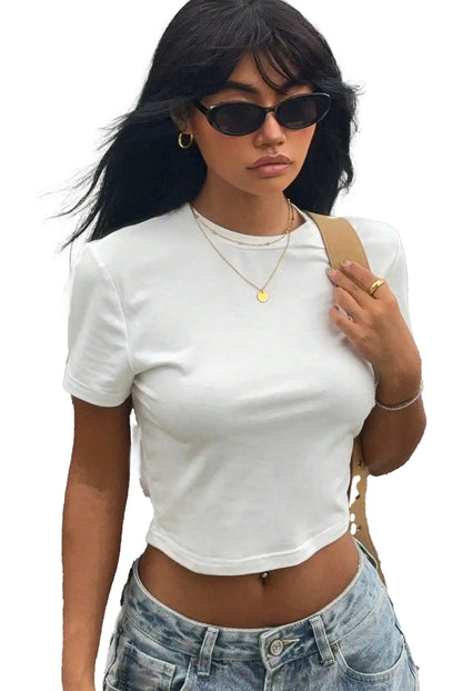 LuckeLadybug LLC women's slim fit crop top in white, perfect for casual summer outfits