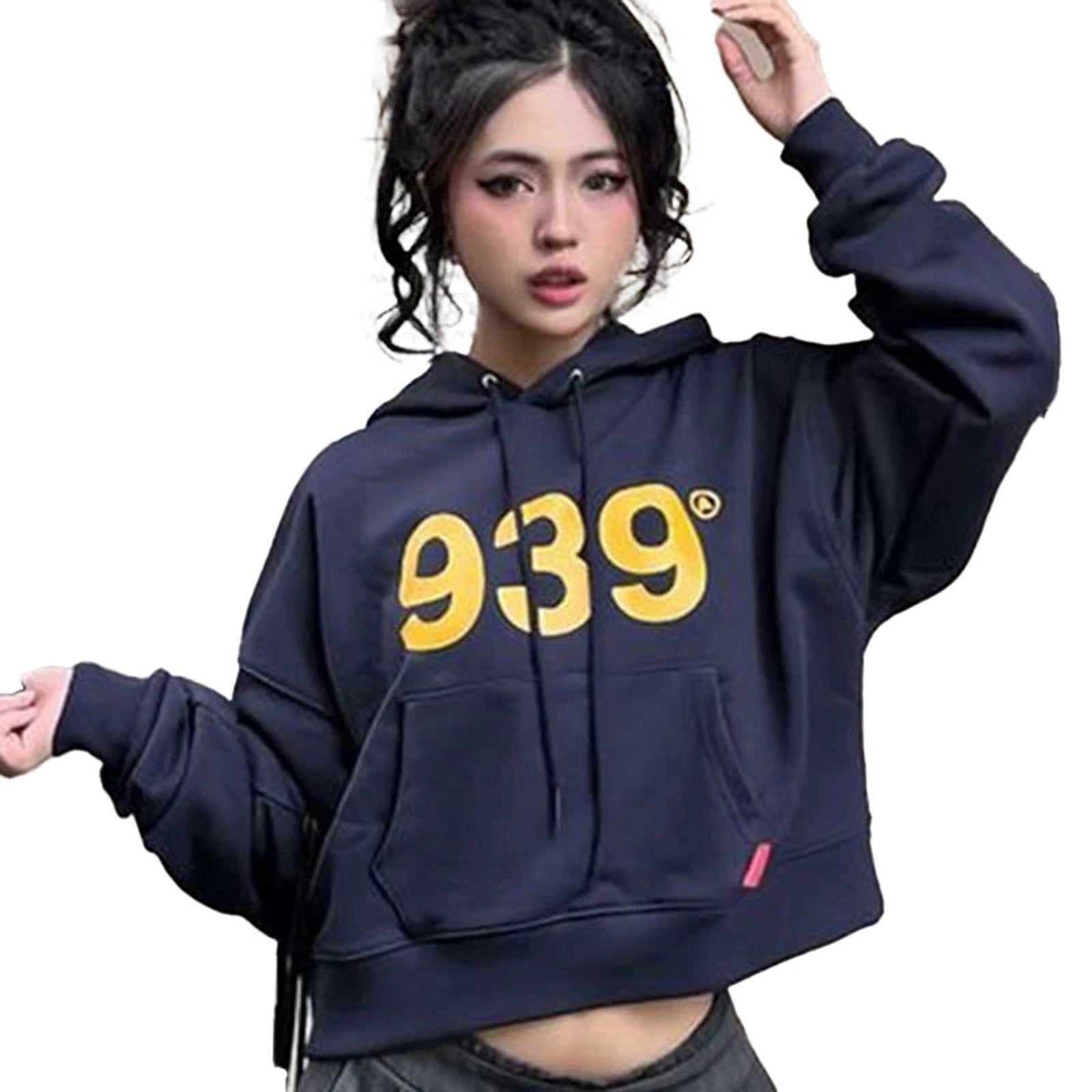 Navy women's streetwear hoodie with bold yellow graphic and front pocket for casual style