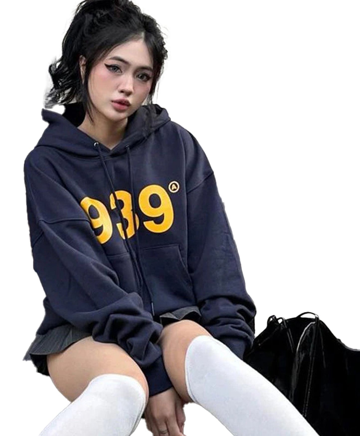Women's streetwear hoodie in navy with bold yellow print, perfect for casual and stylish outfits