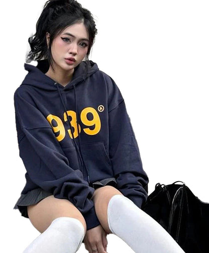 Women's streetwear hoodie in navy with bold yellow print, perfect for casual and stylish outfits