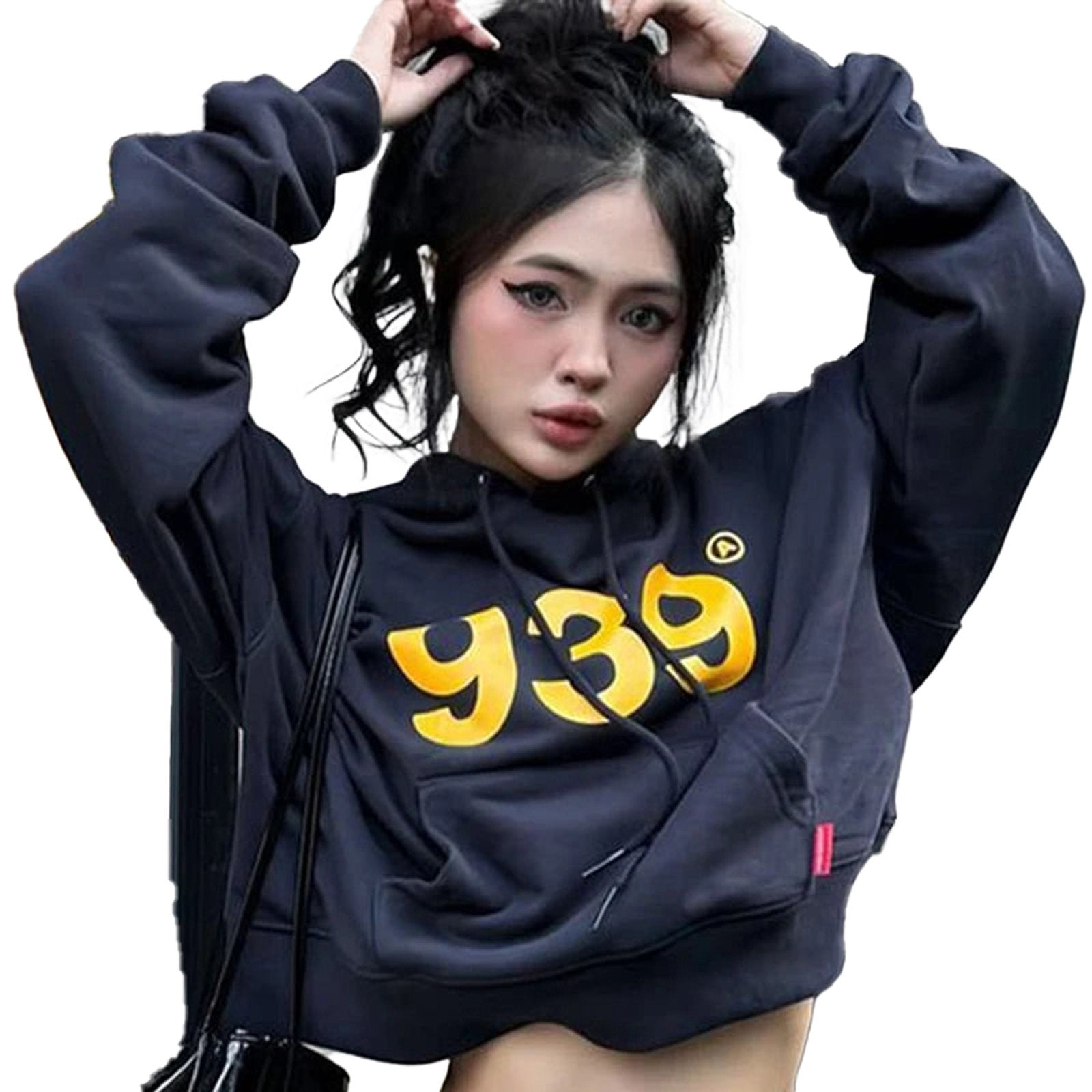 Women's streetwear hoodie in navy with bold yellow graphic logo and cropped design for casual style