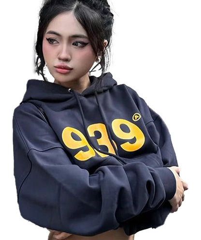 Women's streetwear hoodie in navy with bold yellow 939 graphic for stylish everyday wear