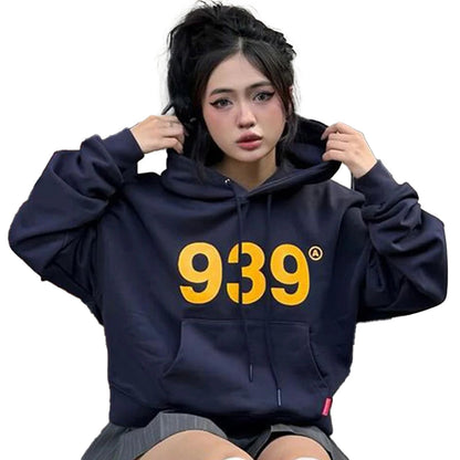 Navy women's streetwear hoodie with bold yellow 939 graphic for a trendy casual look