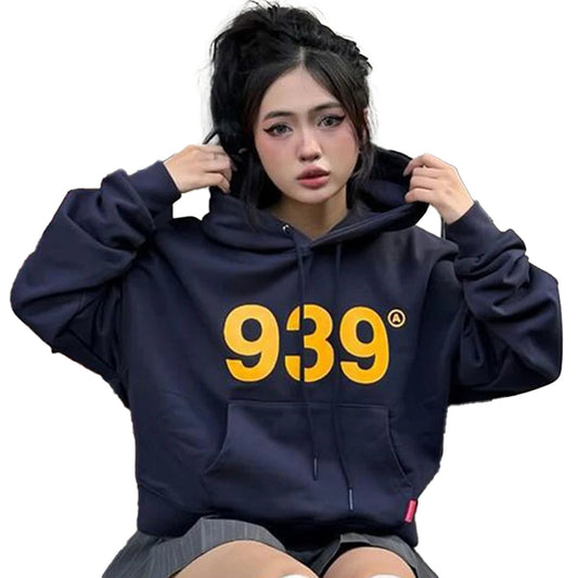 Navy women's streetwear hoodie with bold yellow 939 graphic for a trendy casual look