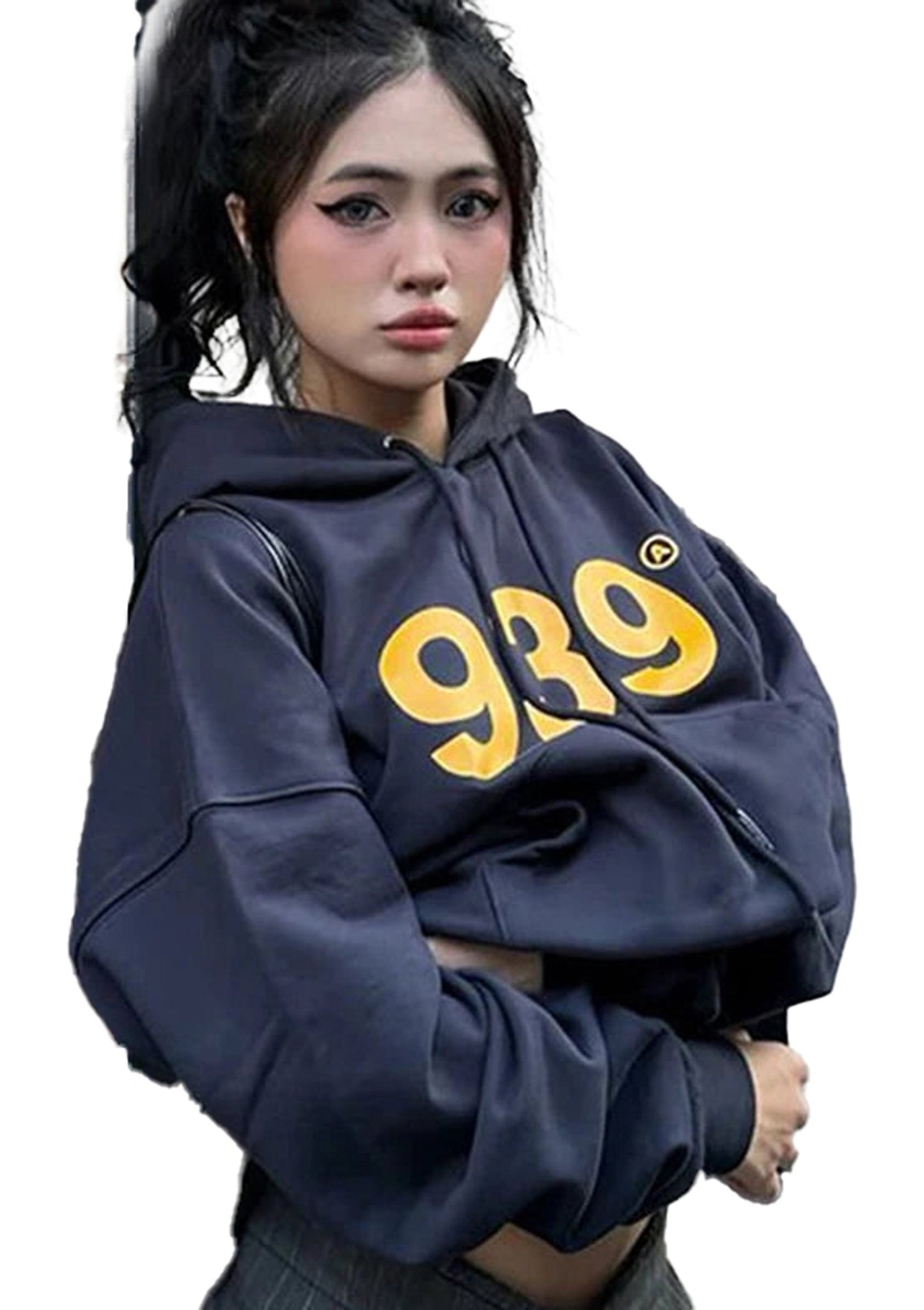 Fashionable women's streetwear hoodie in navy blue with bold yellow numbers for modern style