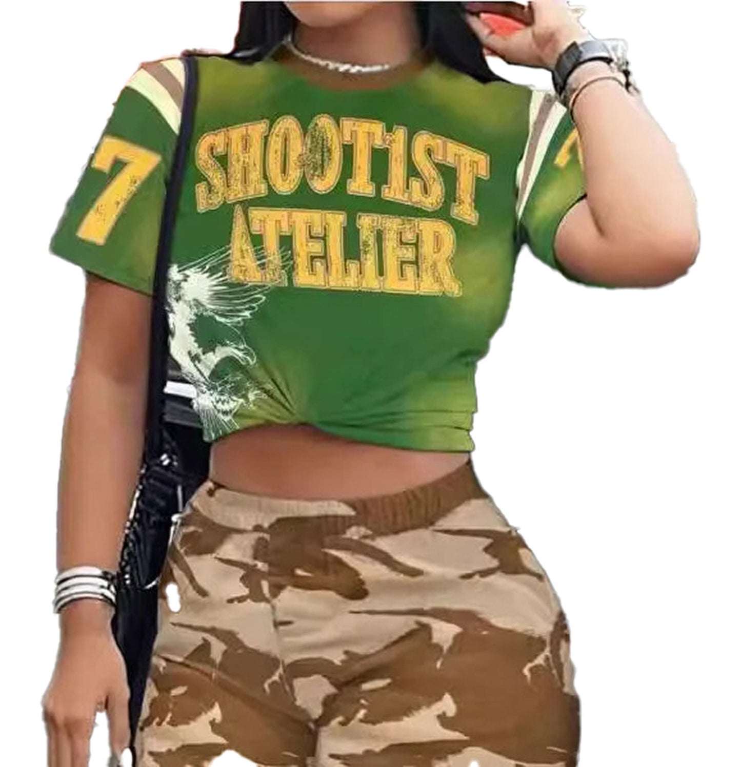 LuckeLadybug LLC women's summer matching set featuring a green crop top and camouflage pants