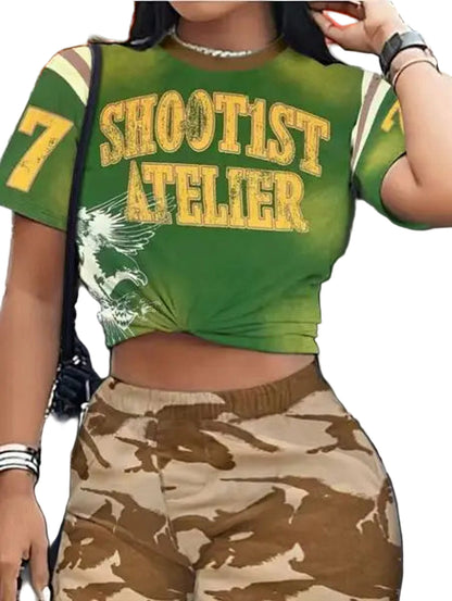 Green women's summer matching set with graphic crop top and camouflage pants for trendy outfits