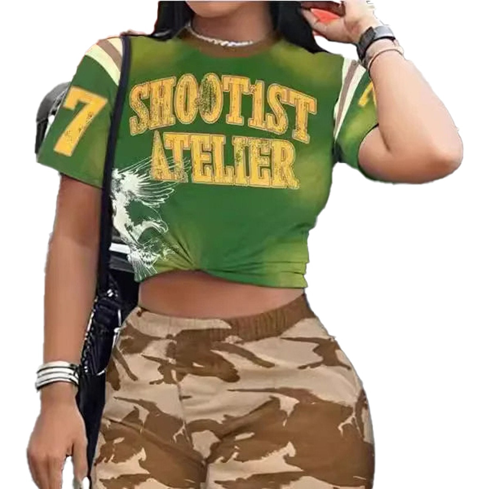 Women's summer matching set featuring a green cropped top with graphic design and camo print pants