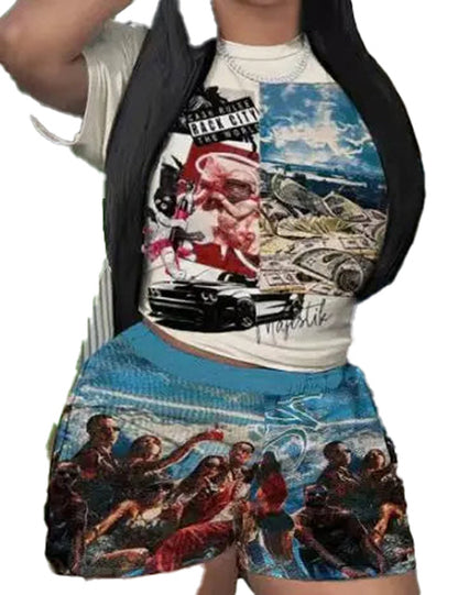 Trendy women's summer matching set featuring a graphic tee and colorful shorts