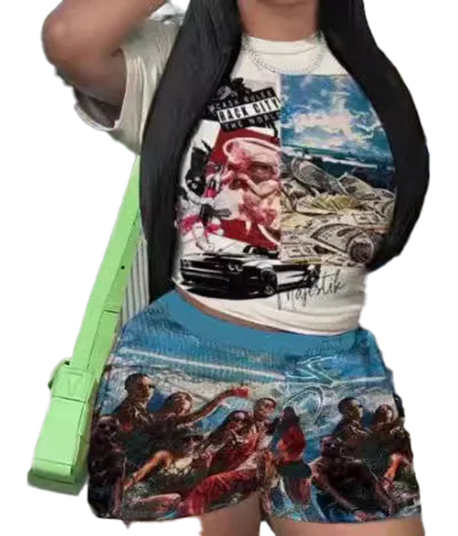 LuckeLadybug women's summer matching set featuring a graphic crop top and colorful shorts