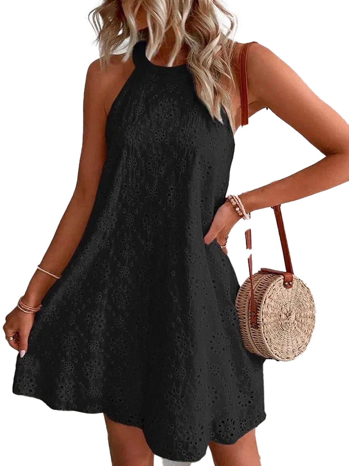 LuckeLadybug LLC Women's Summer Mini Dress 2025 in Black with Eyelet Pattern and A-Line Fit
