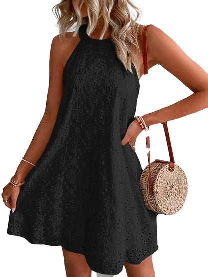 LuckeLadybug LLC Women's Summer Mini Dress 2025 in Black with Eyelet Pattern and A-Line Fit