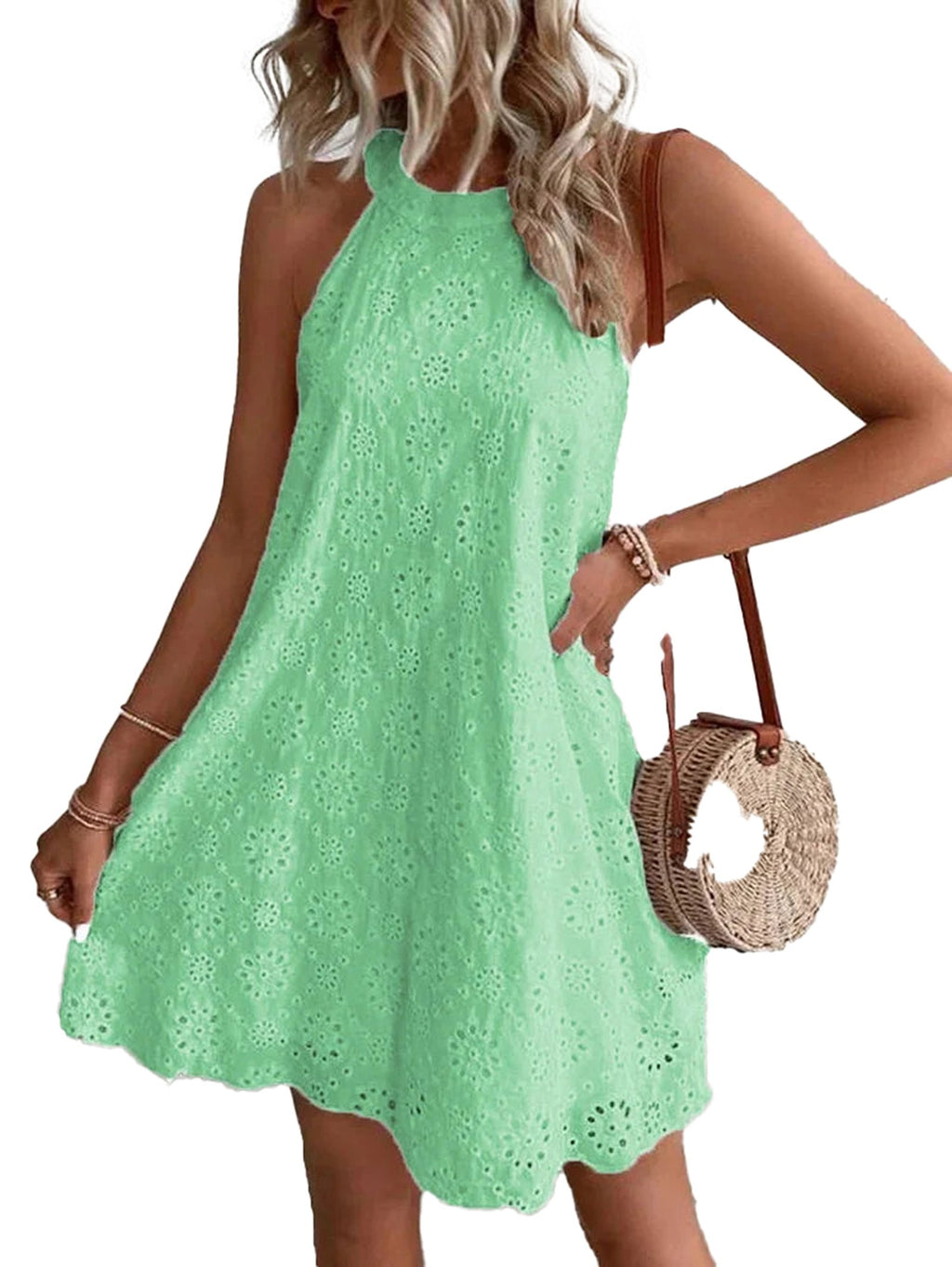 LuckeLadybug LLC women's summer mini dress 2025 in light green with a halter neck design