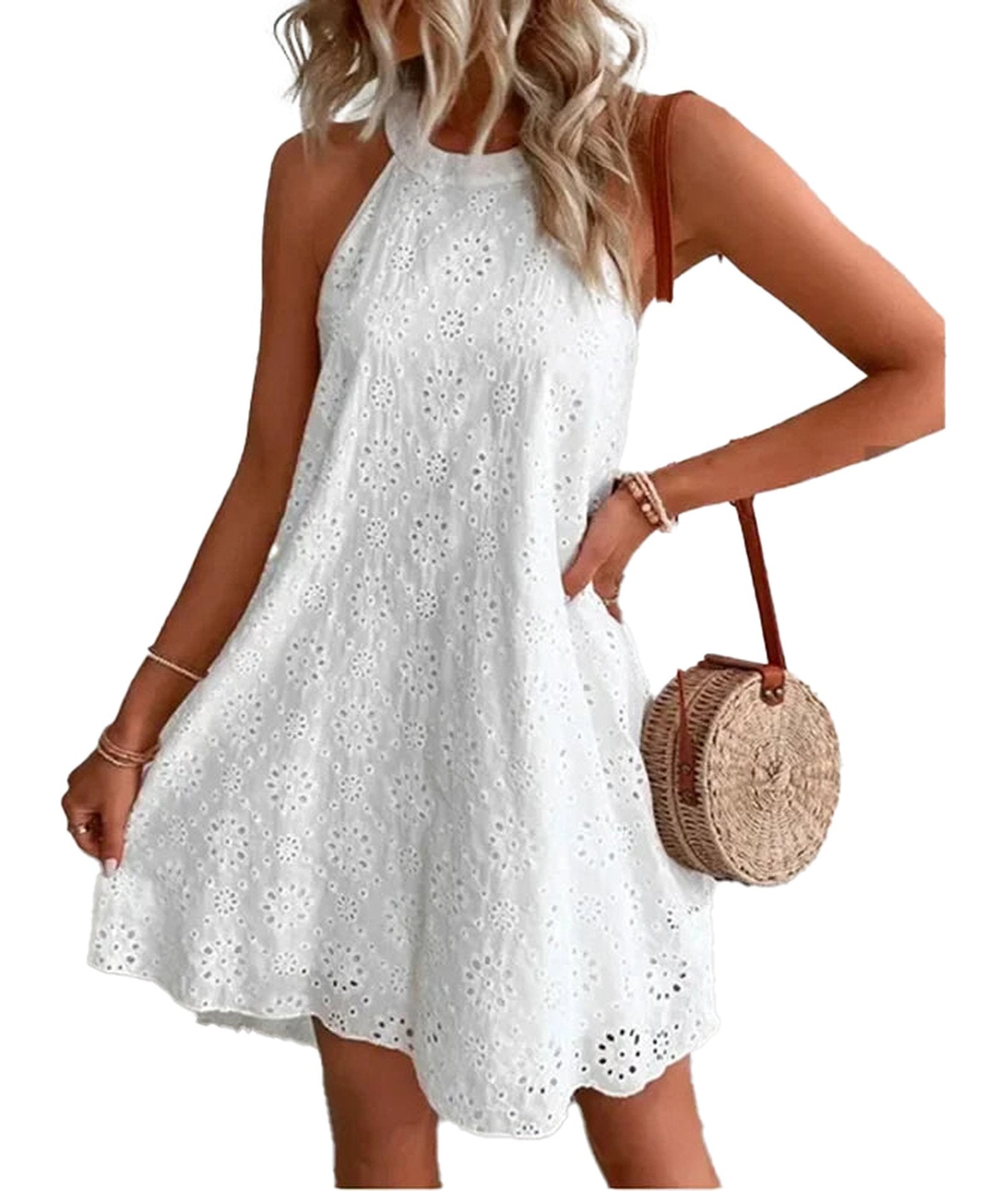 LuckeLadybug LLC women's summer mini dress 2025 in white with eyelet design and relaxed fit