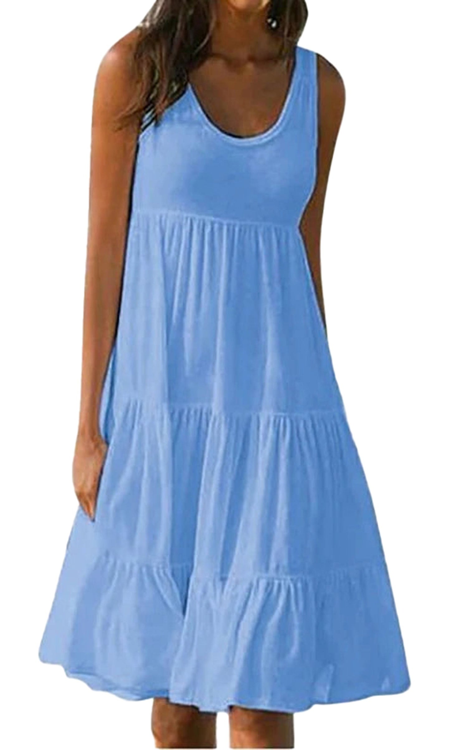 Light blue women's summer mini dress with a sleeveless design and tiered ruffle hem