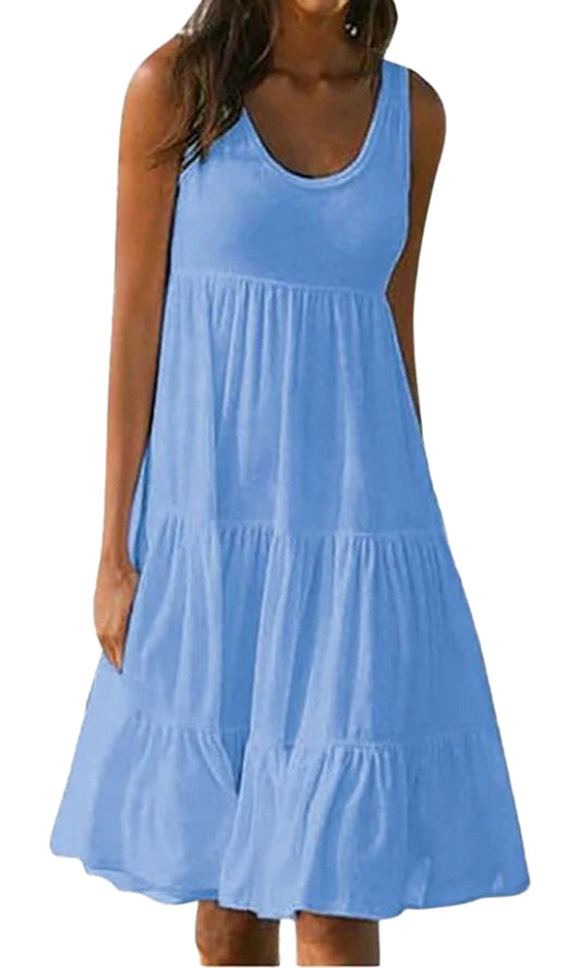 Light blue women's summer mini dress with a sleeveless design and tiered ruffle hem