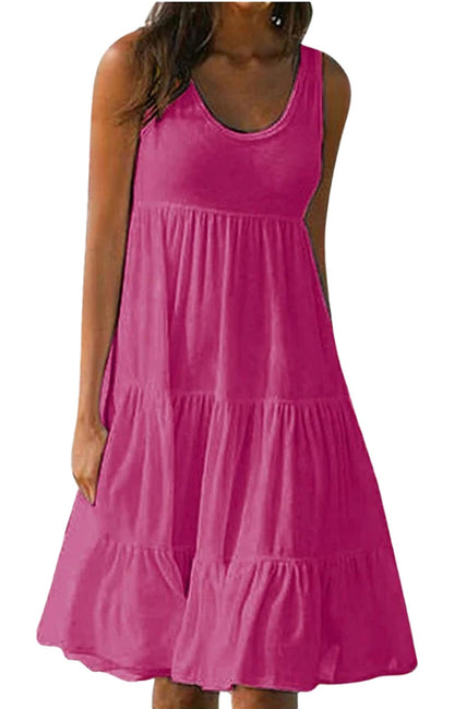 Bright pink women's summer mini dress with a tiered design for a stylish and comfortable look