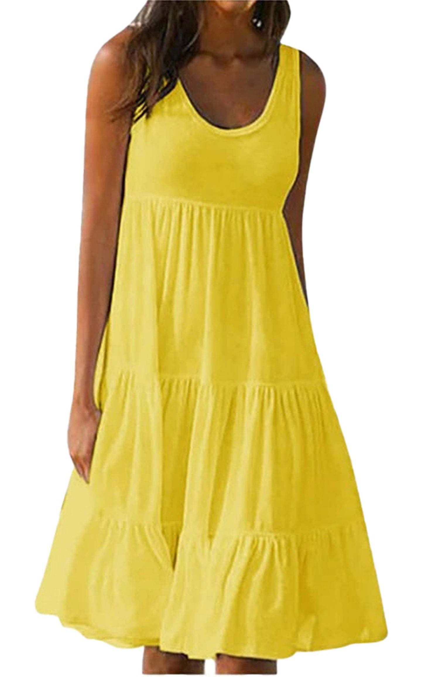 Bright yellow women's summer mini dress with tiered design for casual outings