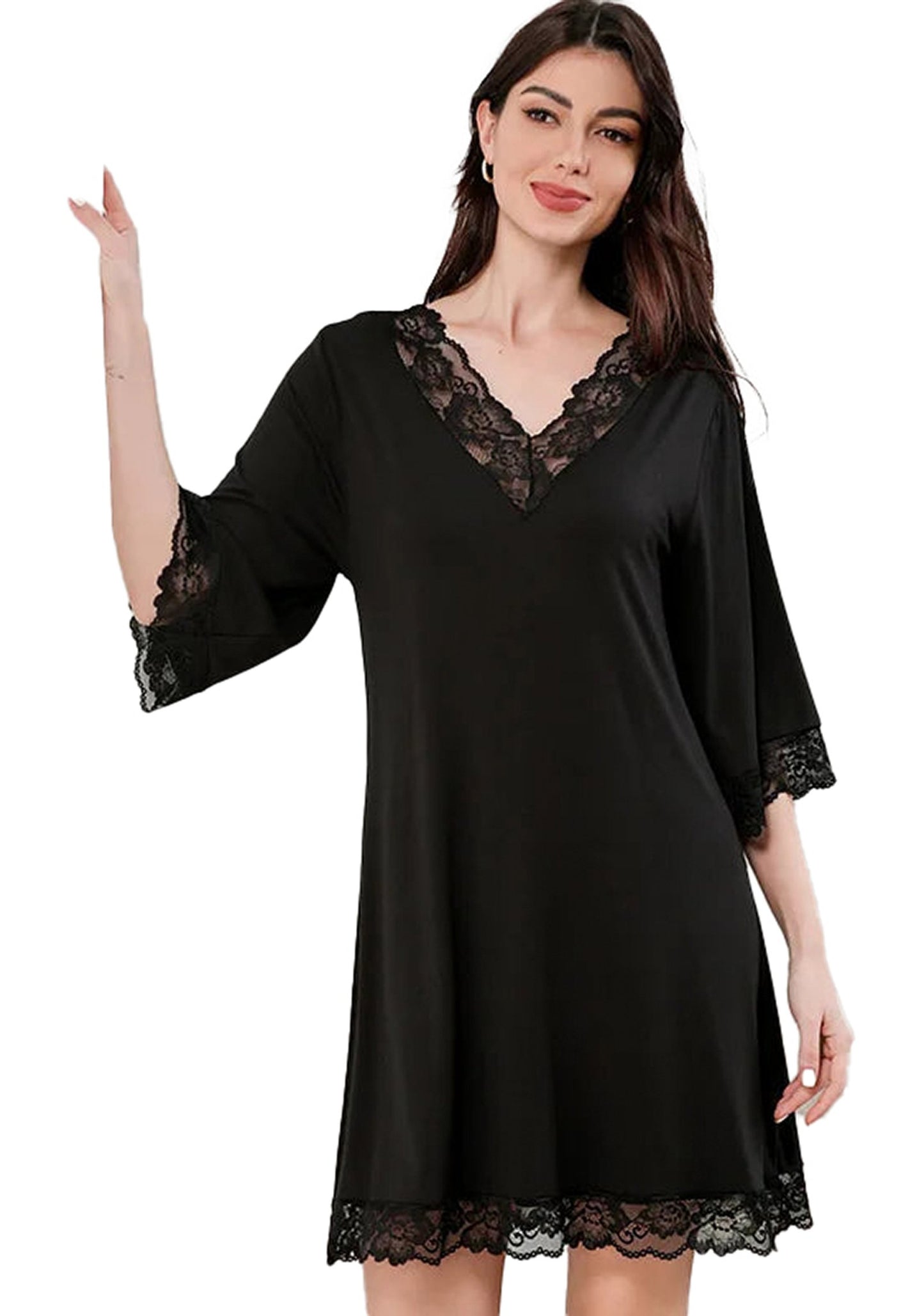 Elegant black women's summer night dress with lace trim and flattering V-neck design