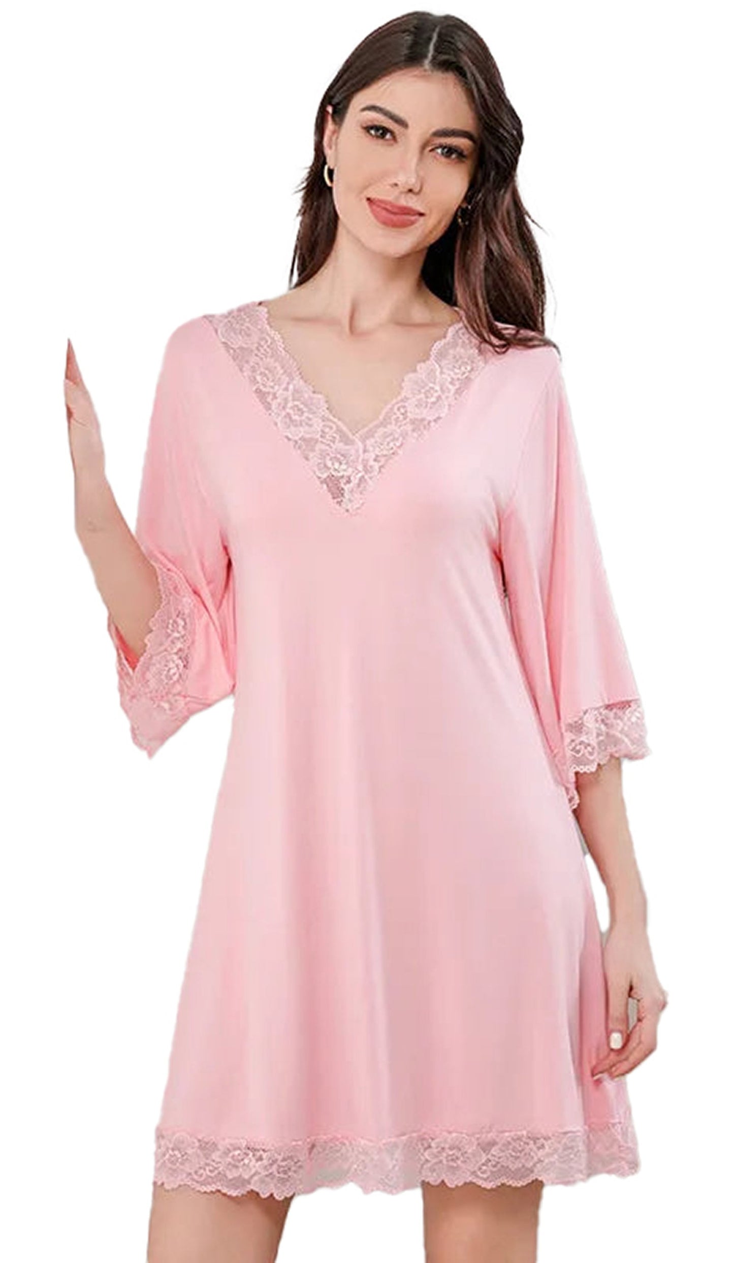 LuckeLadybug LLC women's summer night dress in pink with lace trim and comfortable fit