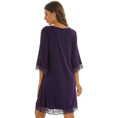 Purple women's summer night dress with lace sleeves for stylish nighttime comfort