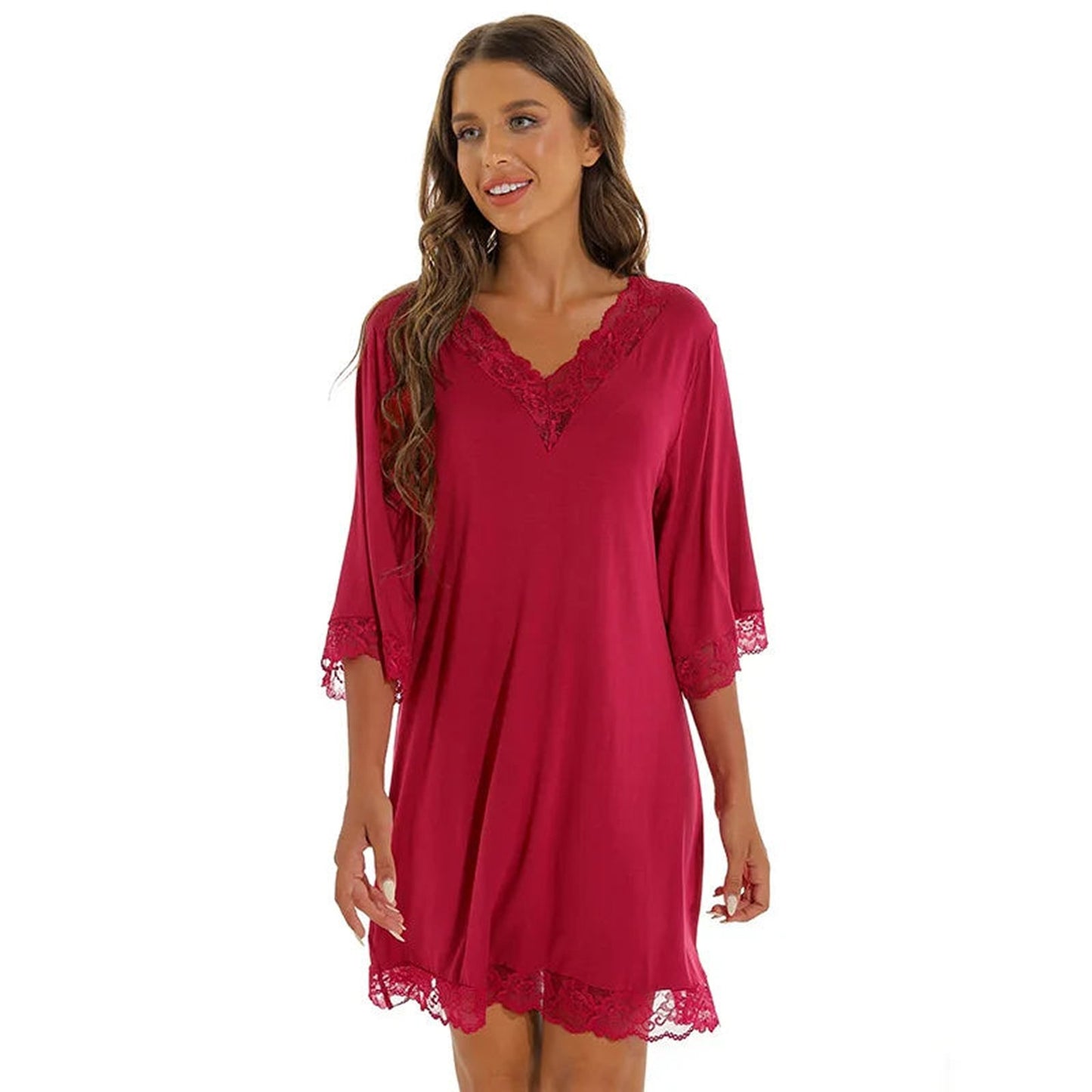 LuckeLadybug women's summer night dress in burgundy with lace trim and loose fit sleeves