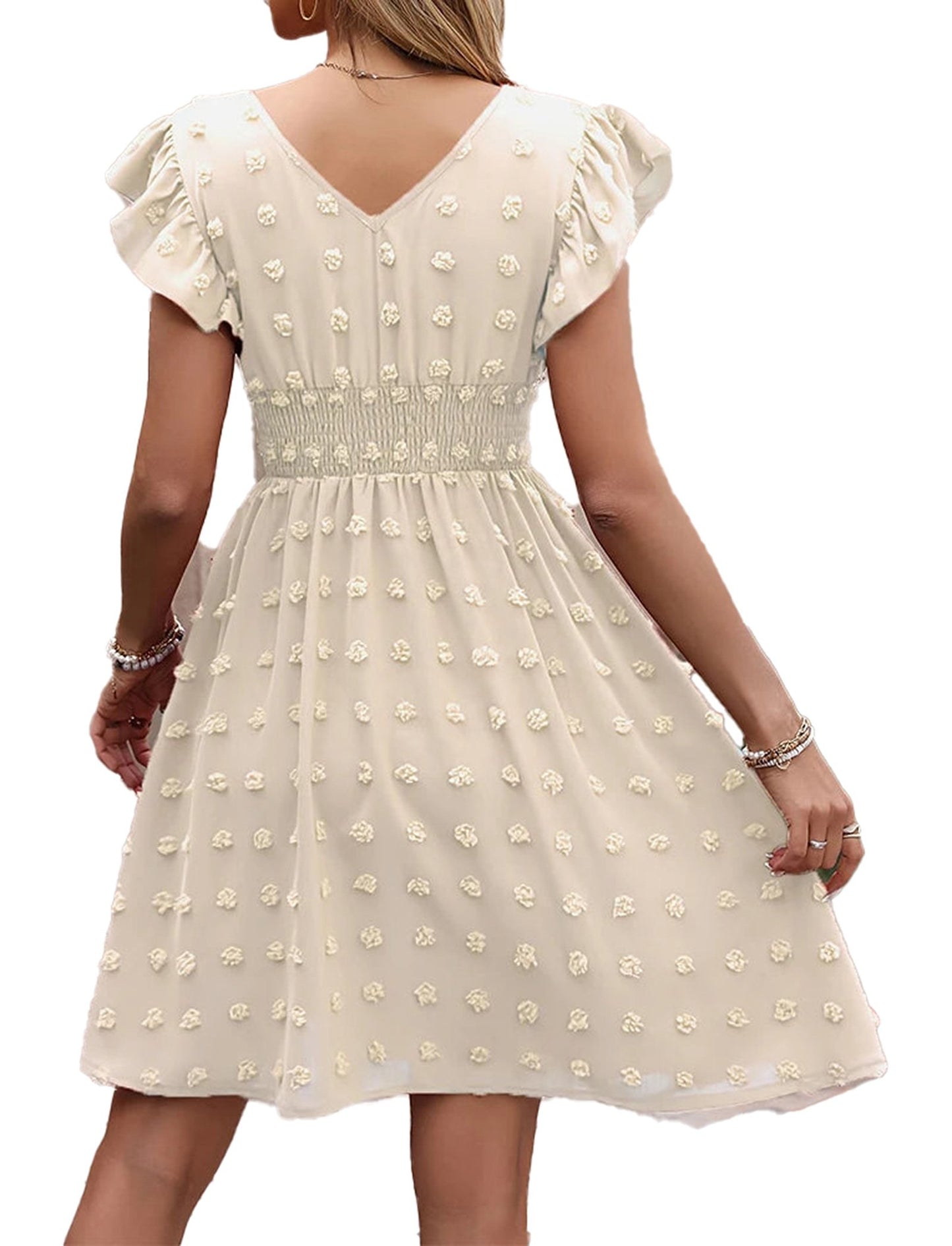 Back view of a women's summer skater mini dress with floral details and flared sleeves