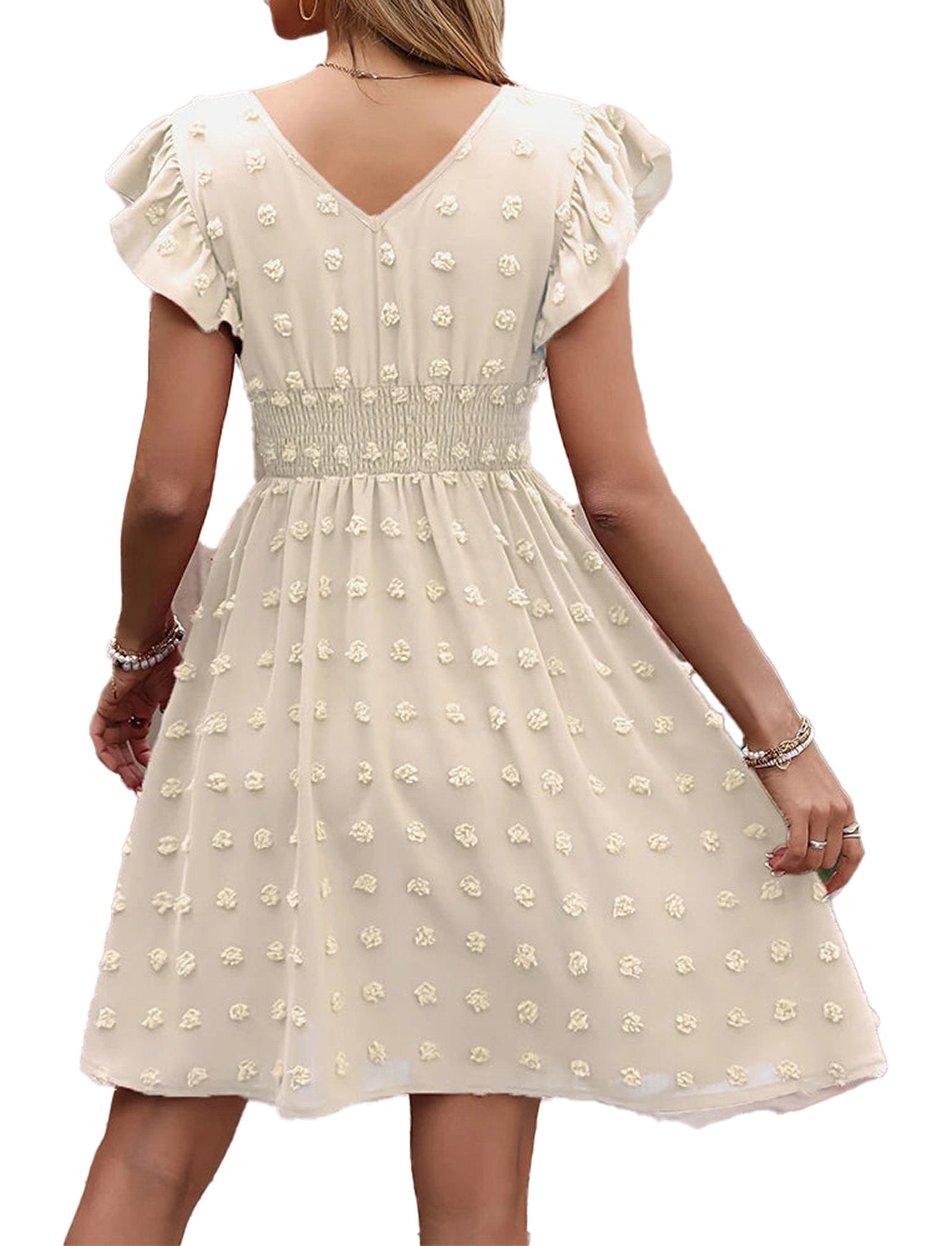 Back view of a women's summer skater mini dress with floral details and flared sleeves