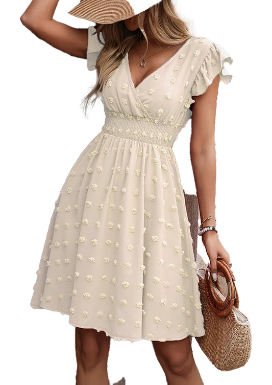 LuckeLadybug women's summer skater mini dress in beige with floral details and ruffled sleeves