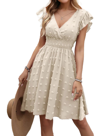 LuckeLadybug women's summer skater mini dress in beige with ruffled sleeves and floral details